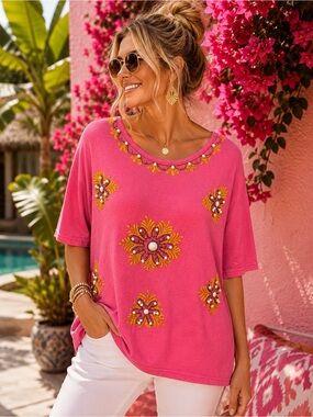 Focus Pink Beaded Embellished Top Boho Resort Tunic Made in USA